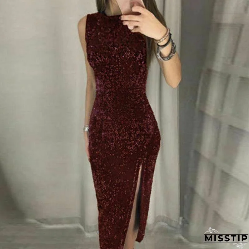 Eleagnt Women's Bodycon Sequin Glitter Midi Short Dress Sexy Lady Sleeveless Slim Split Evening Party Gown Dress