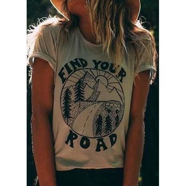 Women Short Sleeve Find Your Road Print O-Neck T-Shirt Casual Fashion Light Khaki Tops Tee