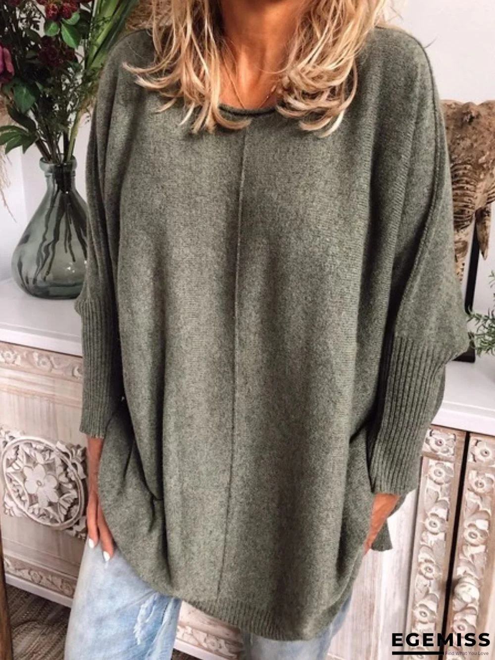 Grey Wool Blend Long Sleeve Casual Plus Size Sweater | EGEMISS