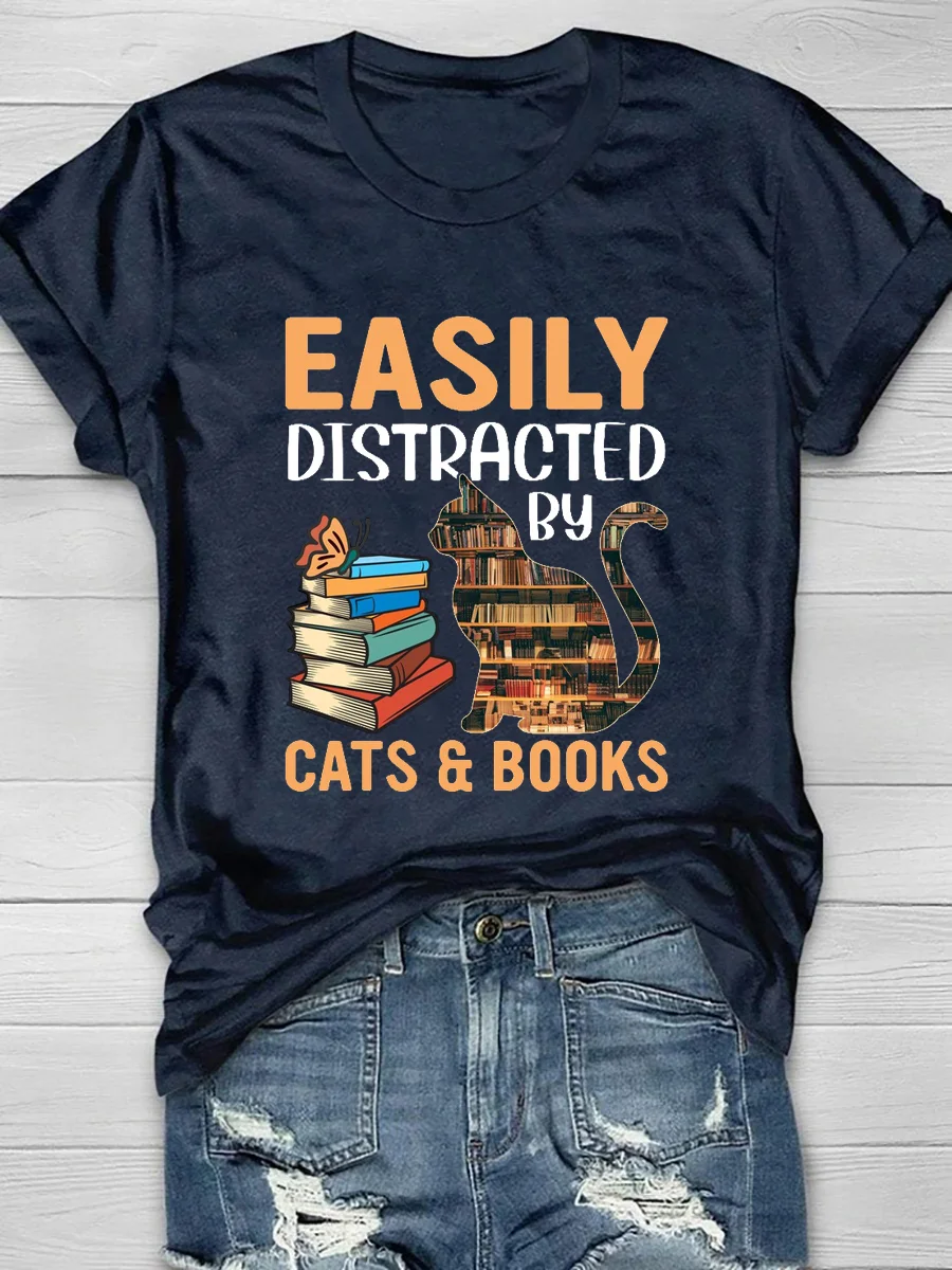 Easily Distracted By Cats And Books Short Sleeve T-Shirt