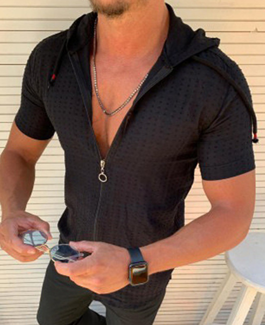 Casual Plain Zipper Short Sleeve Hooded Slim Fit Shirt