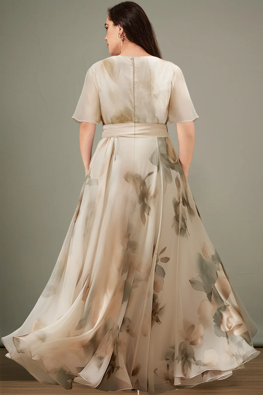 Flycurvy Plus Size Wedding Guest Light Apricot Chiffon Floral Print Wrap Flutter Sleeve Maxi Dress
