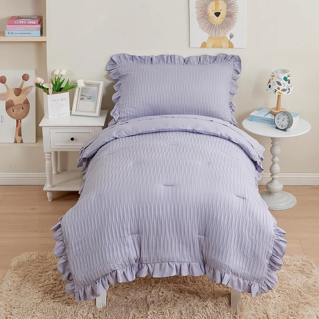 4 Piece Textured Seersucker Toddler Bedding Set Girls Crib Sheets Set Pink Ruffle Baby Bed Comforter Set Soft Lightweight Bed in a Bag | Include Comforter, Flat Sheet, Fitted Sheet, Pillowcase