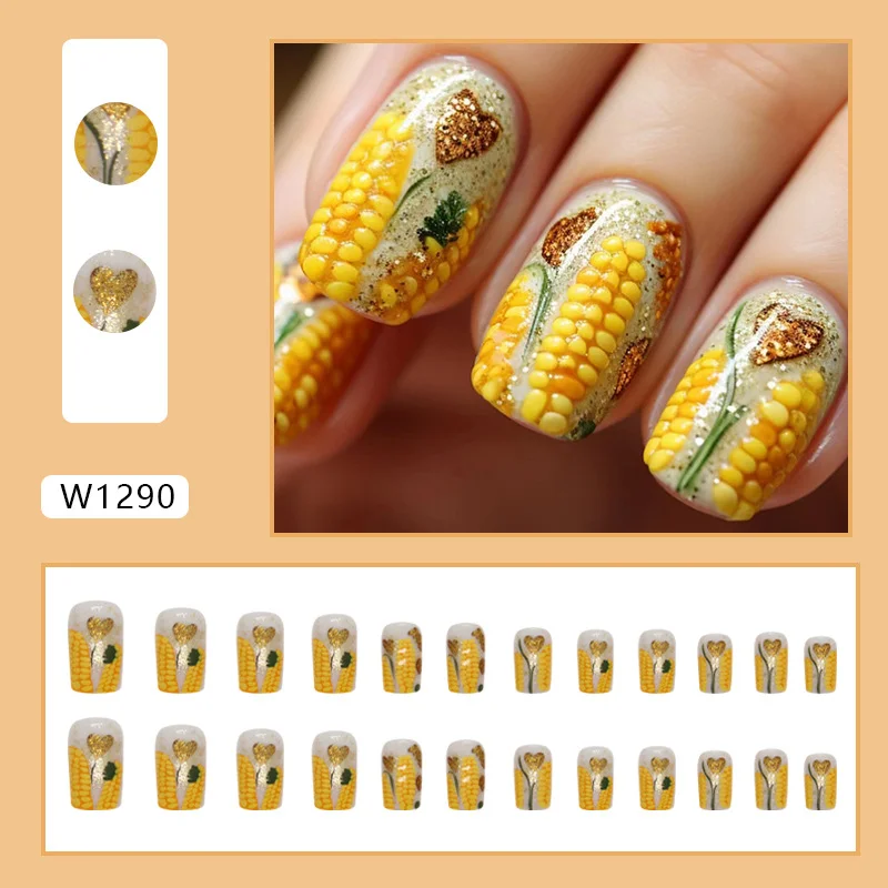 Churchf Churchf And Long European Square Yellow Love Flash Powder Corn Nail Ins Sweet Beauty Nail Piece 24 Pieces