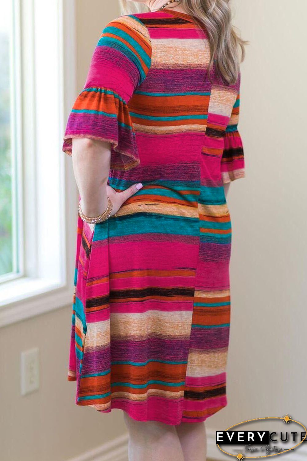 Multicolor Ruffled Sleeves Serape Print Plus Size Dress