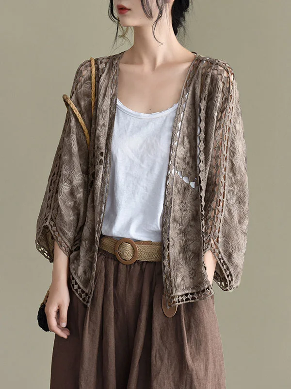 Seven-Quarter Sleeves Crochet Hollow Solid Color Outerwear