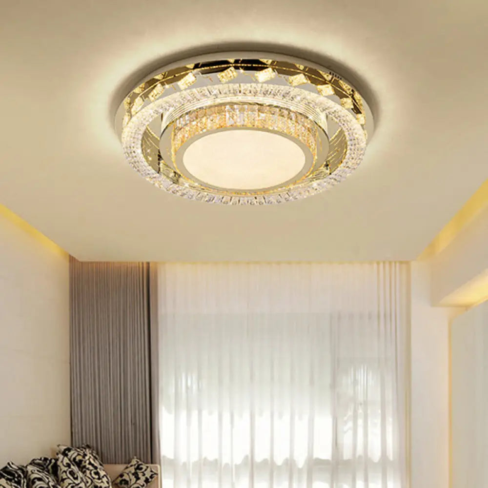 Led Stainless - Steel Flush Mount Crystal Block Ceiling Light Fixture / Round