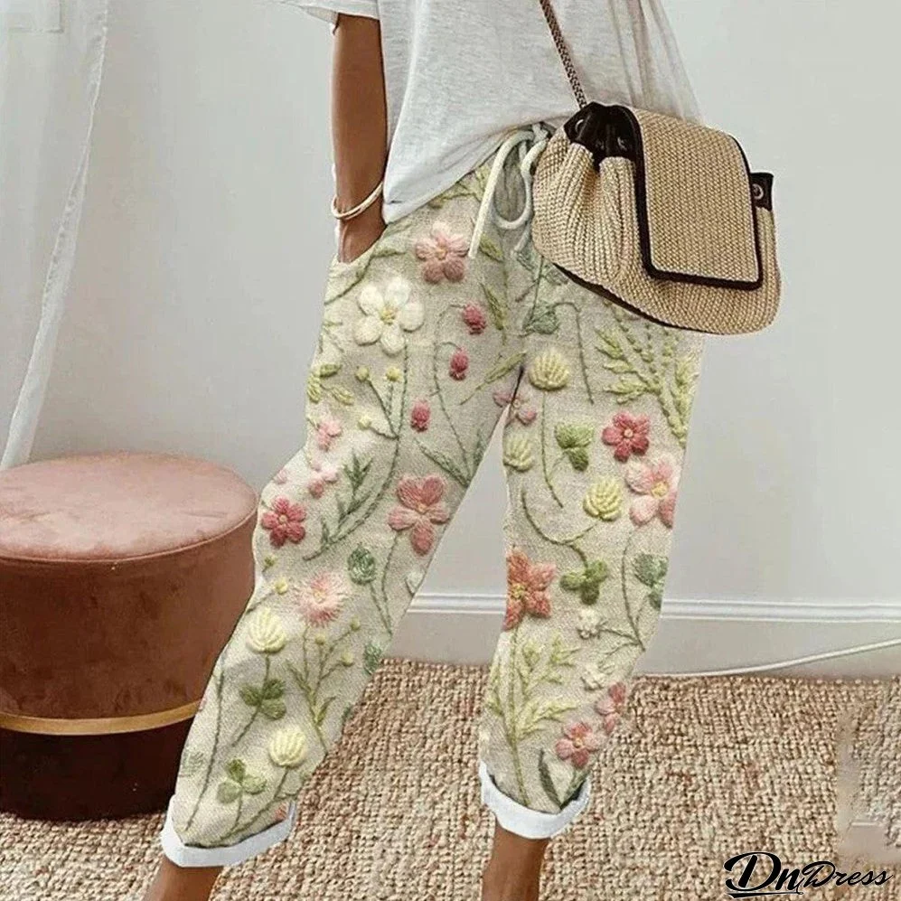 Fresh Plant Print Side Pocket Pants