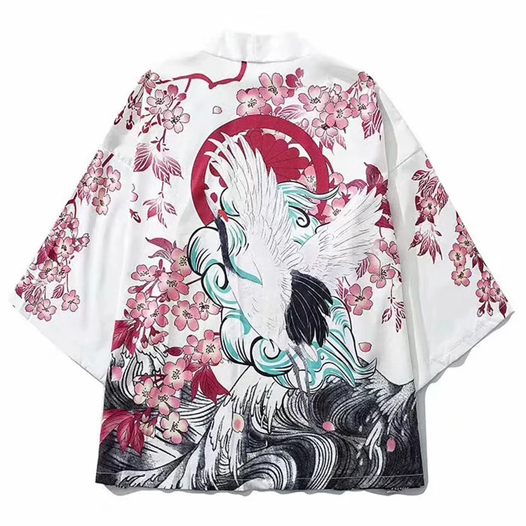 Vintage Crane Sakura Print Cardigan Kimono Outerwear - Modakawa modakawa