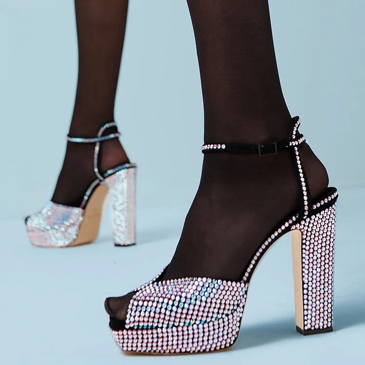 Rhinestone Chunky Heel Peep Toe Platform Sandals Vdcoo