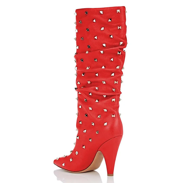 Red Rockstud Cone Heel Fashion Boots Mid-calf Boots for Women |FSJ Shoes
