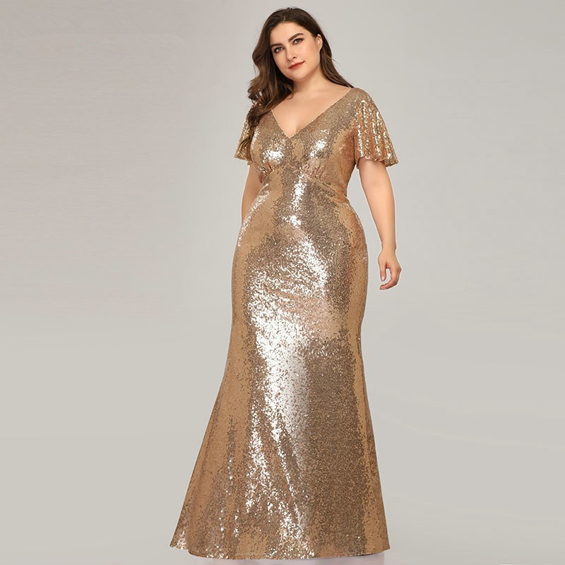 plus size long gold sequin dress