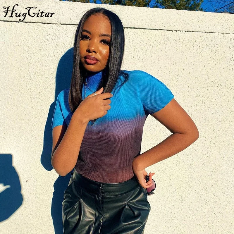 Hugcitar 2021 Short Sleeve O-Neck Gradient Summer Women Fashion Streetwear Tshirts Y2K Tees