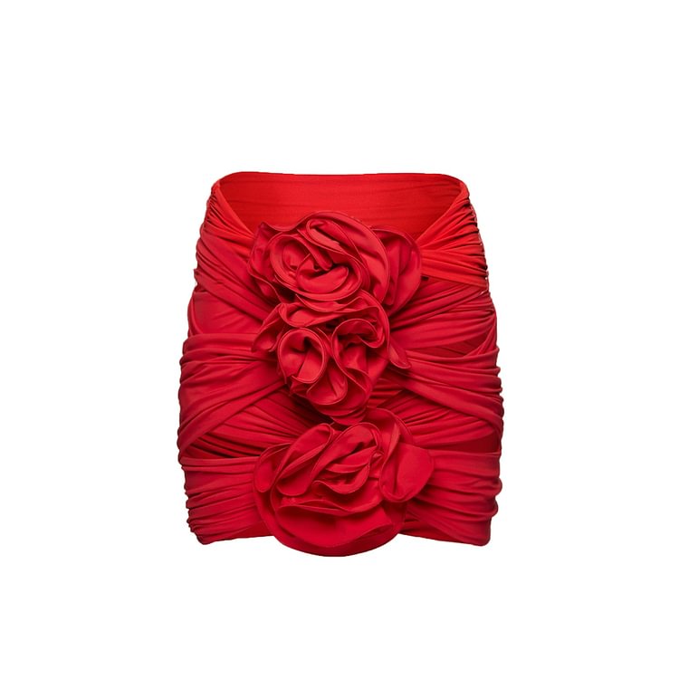 Flaxmaker Red 3D Flower Cutout One Piece Swimsuit and Skirt