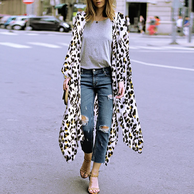 VChics Fashion Loose Long Sleeve Leopard Chiffon Kimono