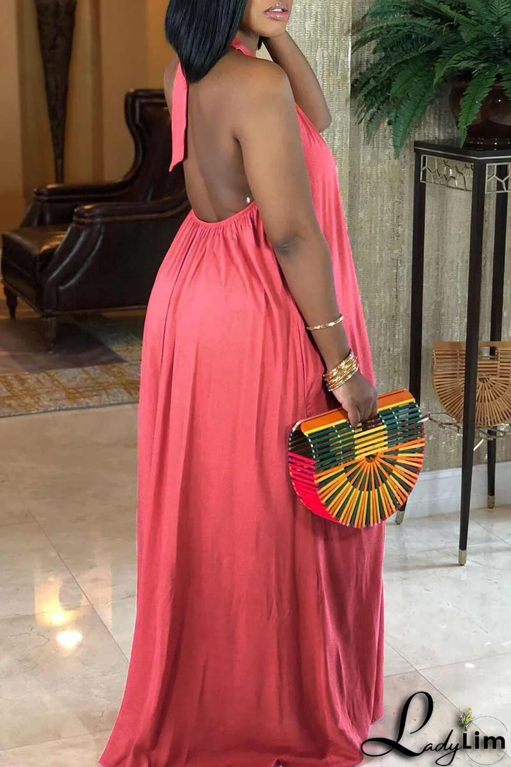 Black Sexy Print Split Joint Backless Halter Straight Dresses