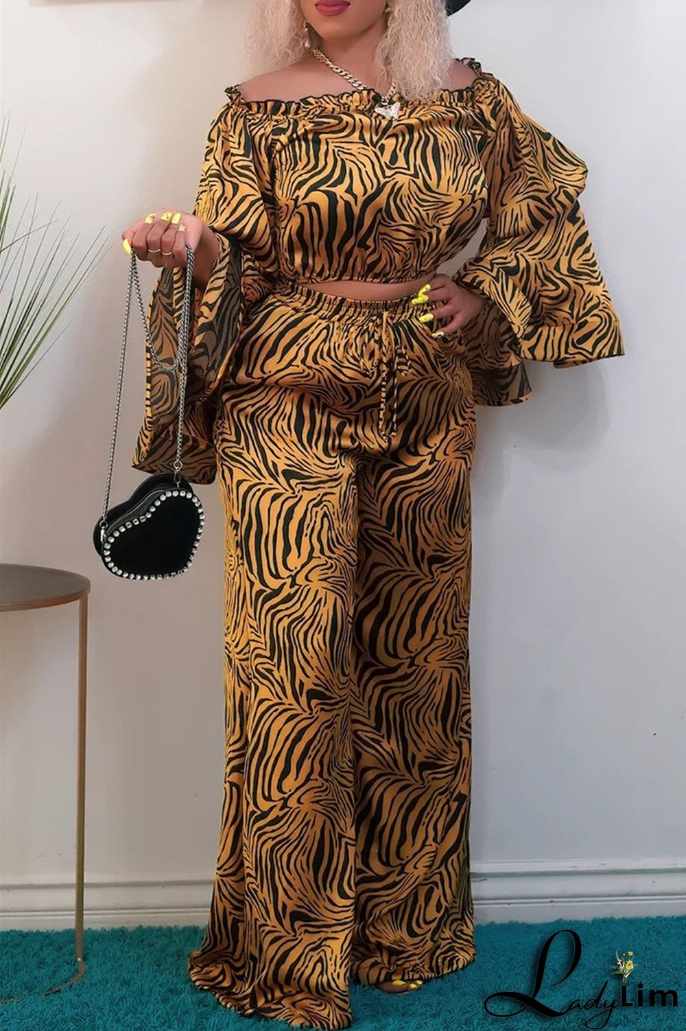 Pink Purple Fashion Casual Print Split Joint Off the Shoulder Long Sleeve Two Pieces