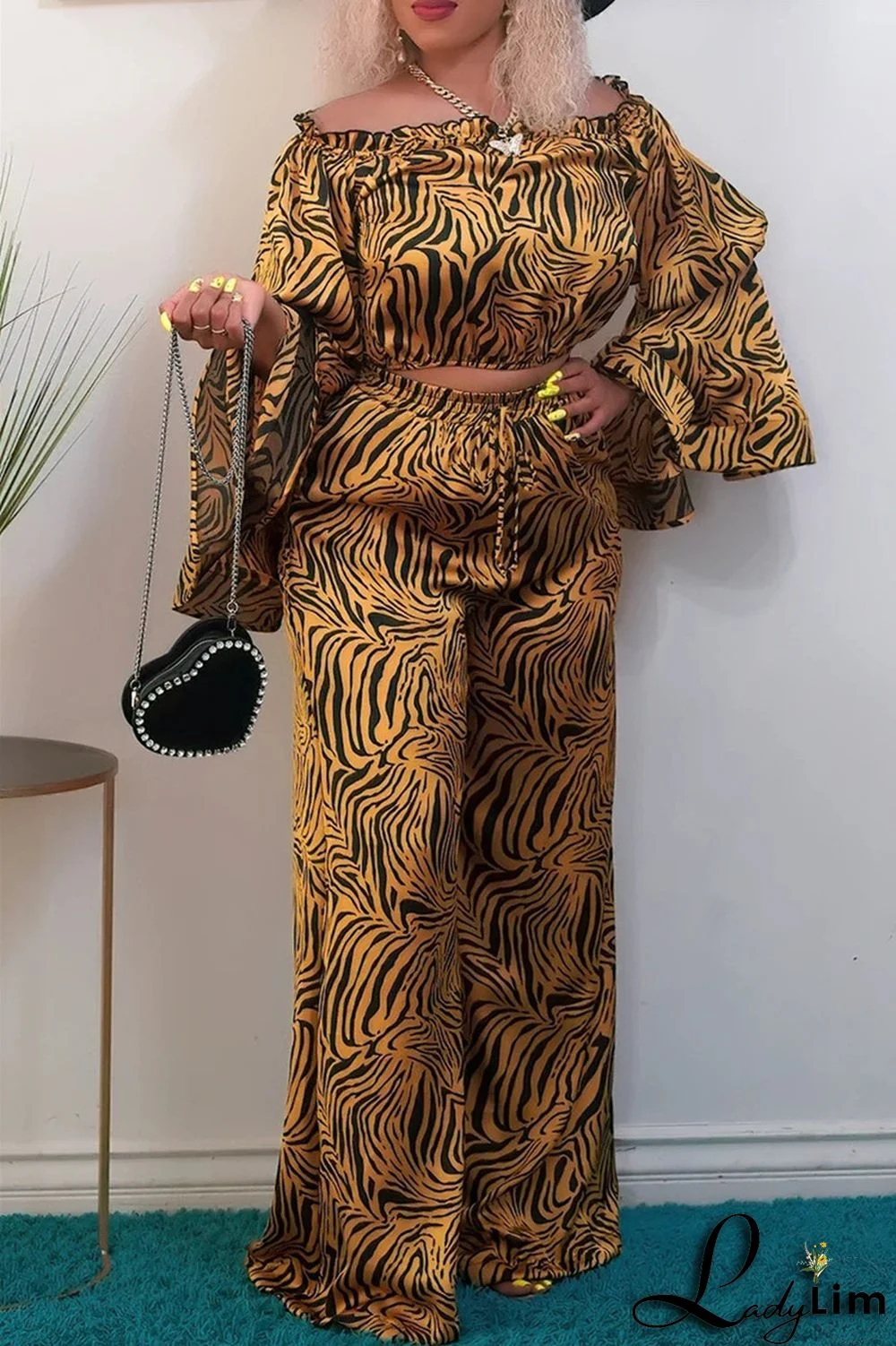 Pink Purple Fashion Casual Print Split Joint Off the Shoulder Long Sleeve Two Pieces