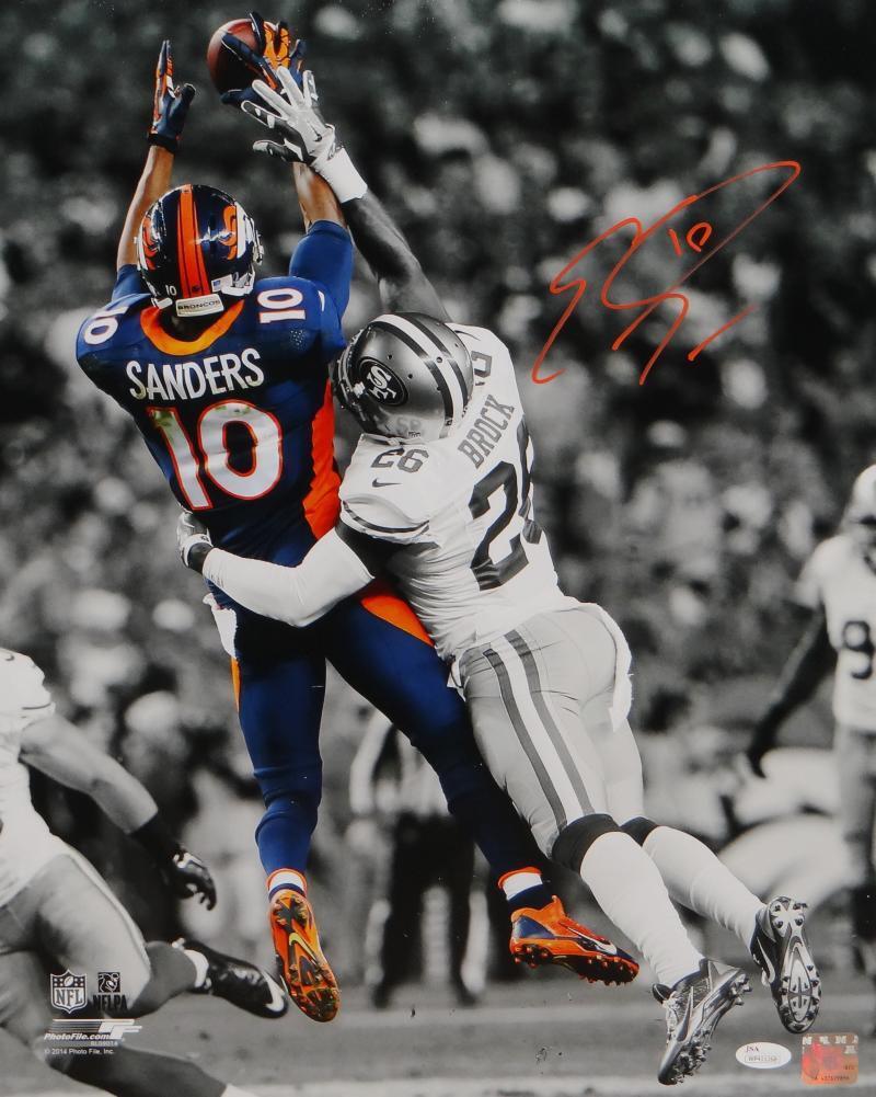 Emmanuel Sanders Autographed Broncos 16x20 B&W Color Catch Photo Poster painting- JSA W Auth