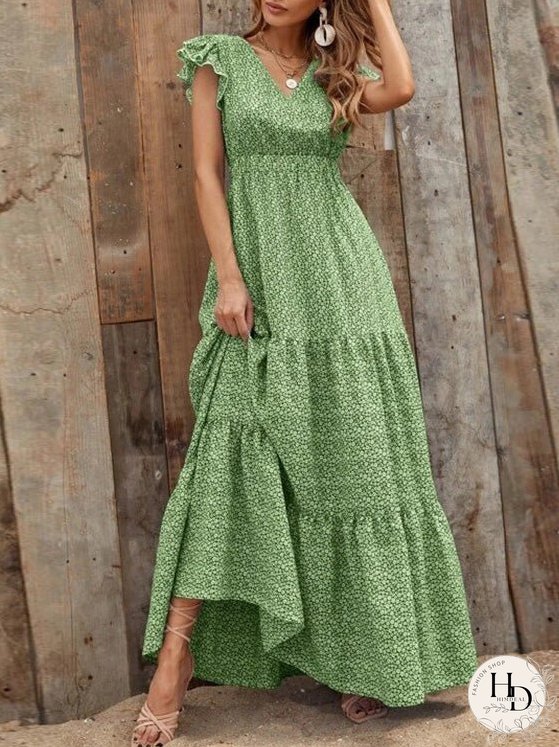 Dresses Floral V-Neck High Waist Ruffle Dress for Women