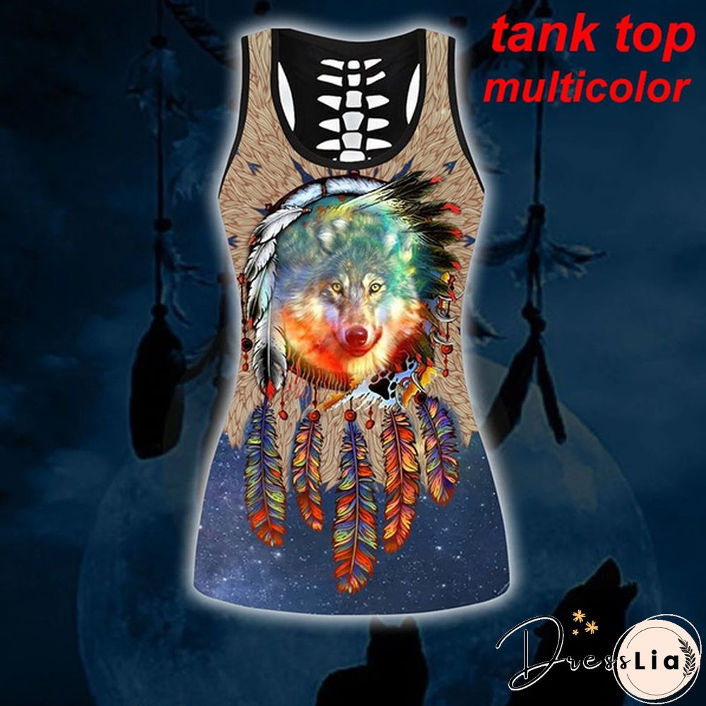 Women Wolf Native American 3D All Over Printed Legging + Hollow Tank Sleeveless Shirt Summer Vest for Women Plus Size Yoga Tank Tops Leggings Suit