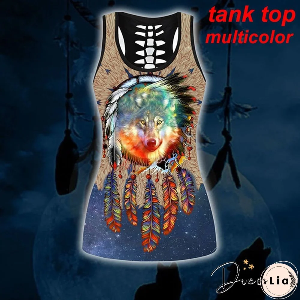 Women Wolf Native American 3D All Over Printed Legging + Hollow Tank Sleeveless Shirt Summer Vest for Women Plus Size Yoga Tank Tops Leggings Suit