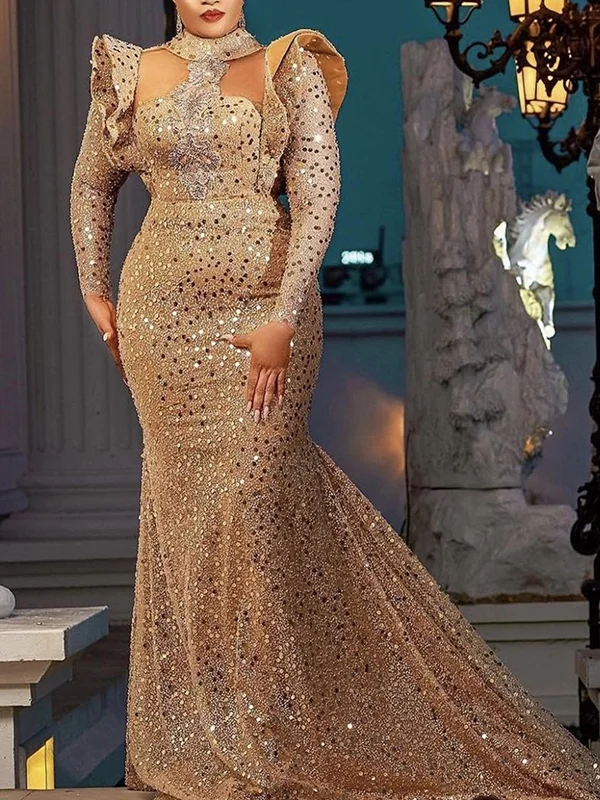 Beaded Hollow Sequined Solid Color Split-Joint Empire Long Sleeves Stand Collar Maxi Dresses