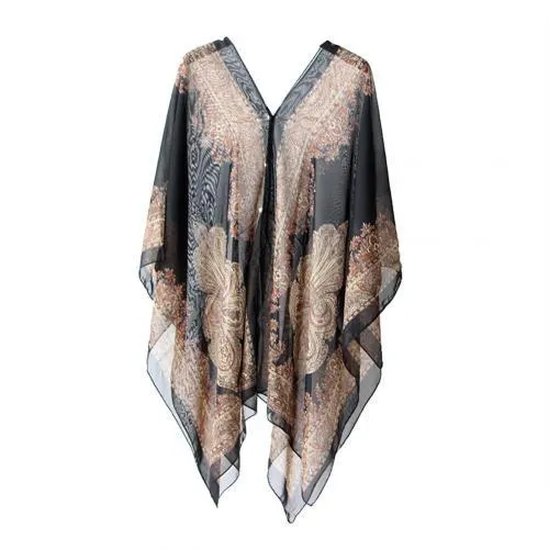 Women Summer Beach Bikini Cover Up Loose Chiffon Blouse Shawl Scarf with Button-s suitable for party holiday daily wear