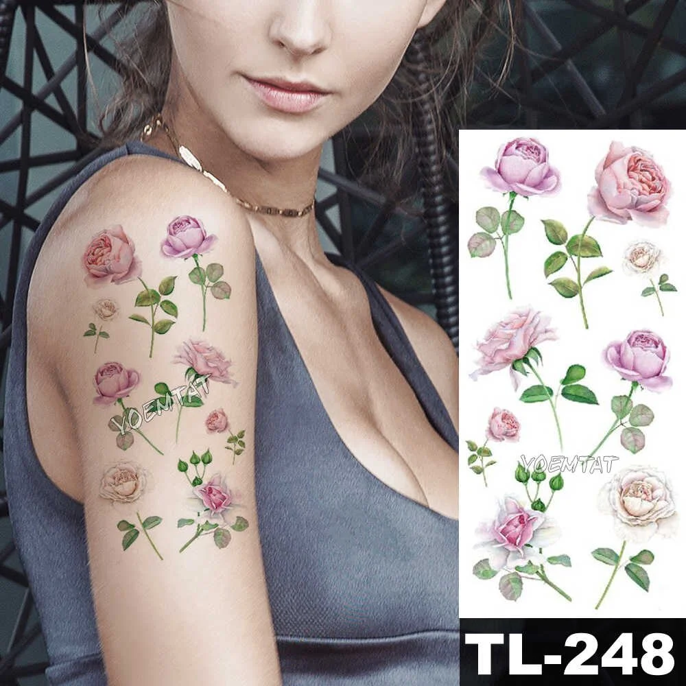 Sdrawing Watercolor Rose Lily Flower Waterproof Tattoo Stickers Women Body Chest Art Temporary Tatto Girl Waist 3D Flowers Tatoo
