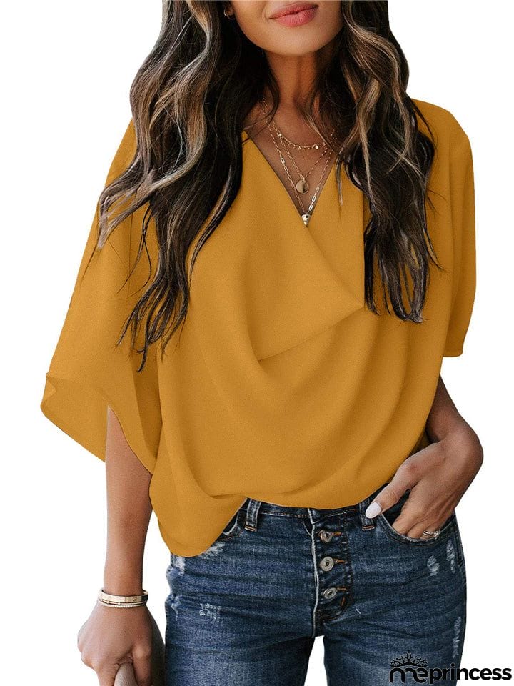 Feminine Flowy Style Cowl Neck Half Sleeve Lightweight Chiffon Pullover Tops