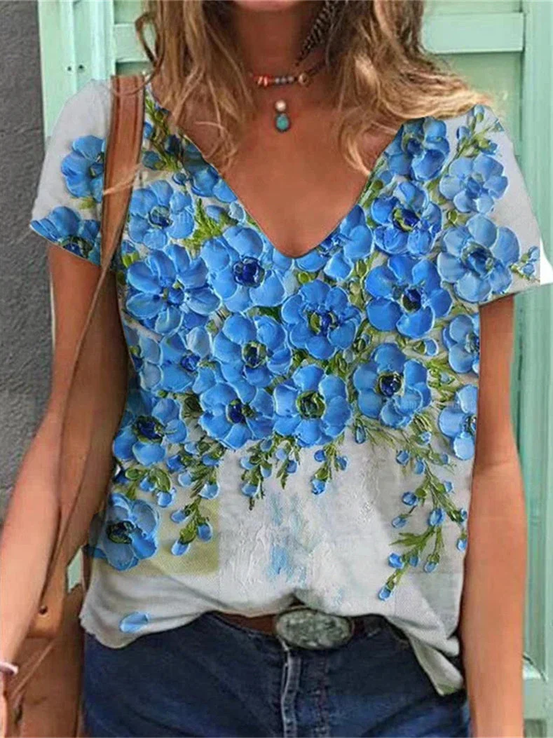 Women's Short Sleeve V-neck Floral Printed Top