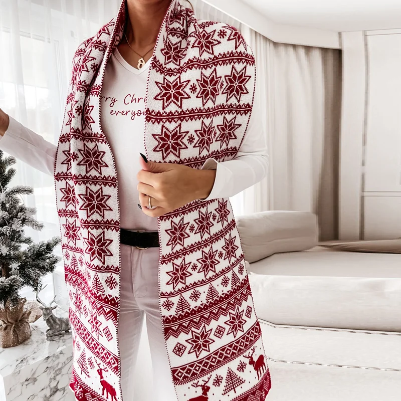 Christmas Elk Snowflake Printed Comfortable Knit Scarf