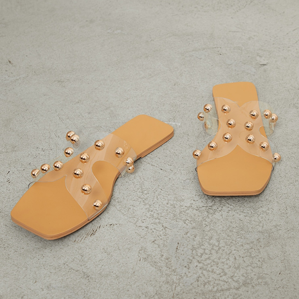 Clear PVC Square Toe Flat Mules with Gold Beads Nicepairs