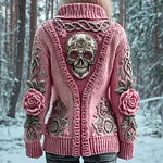 Metal Skull & 3d Floral Viking Art Women's Chunky Knit Stand Collar Zipper Sweater - Image 2