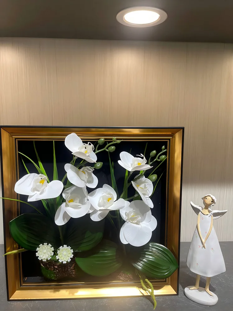 Artificial White Phalaenopsis Orchid Arrangement in Gold-Accented Framed Display(Size:12 in*12 in)