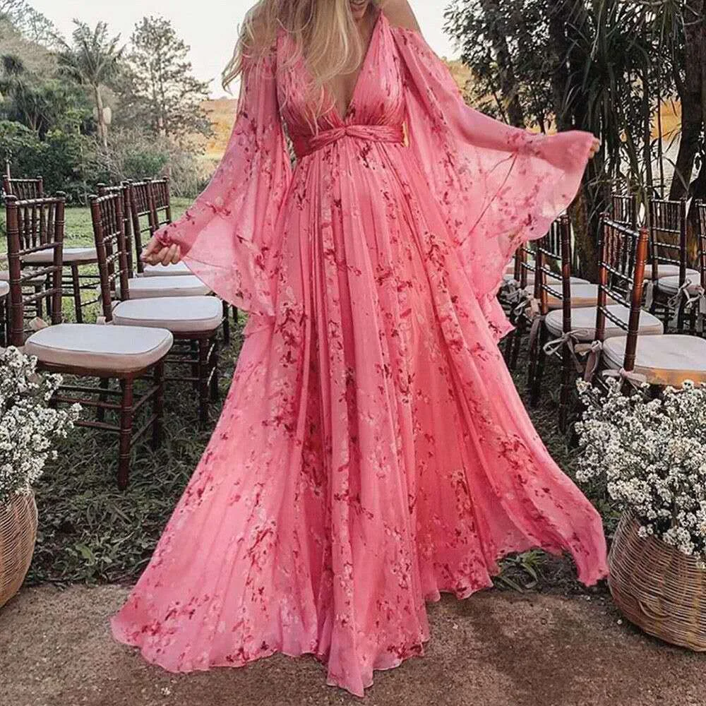 Uveng Uveng Summer Suspension Deep V-Neck Print Sexy Bat Sleeves 100-Folded Long Dress Pregnant Skirt Up And Down