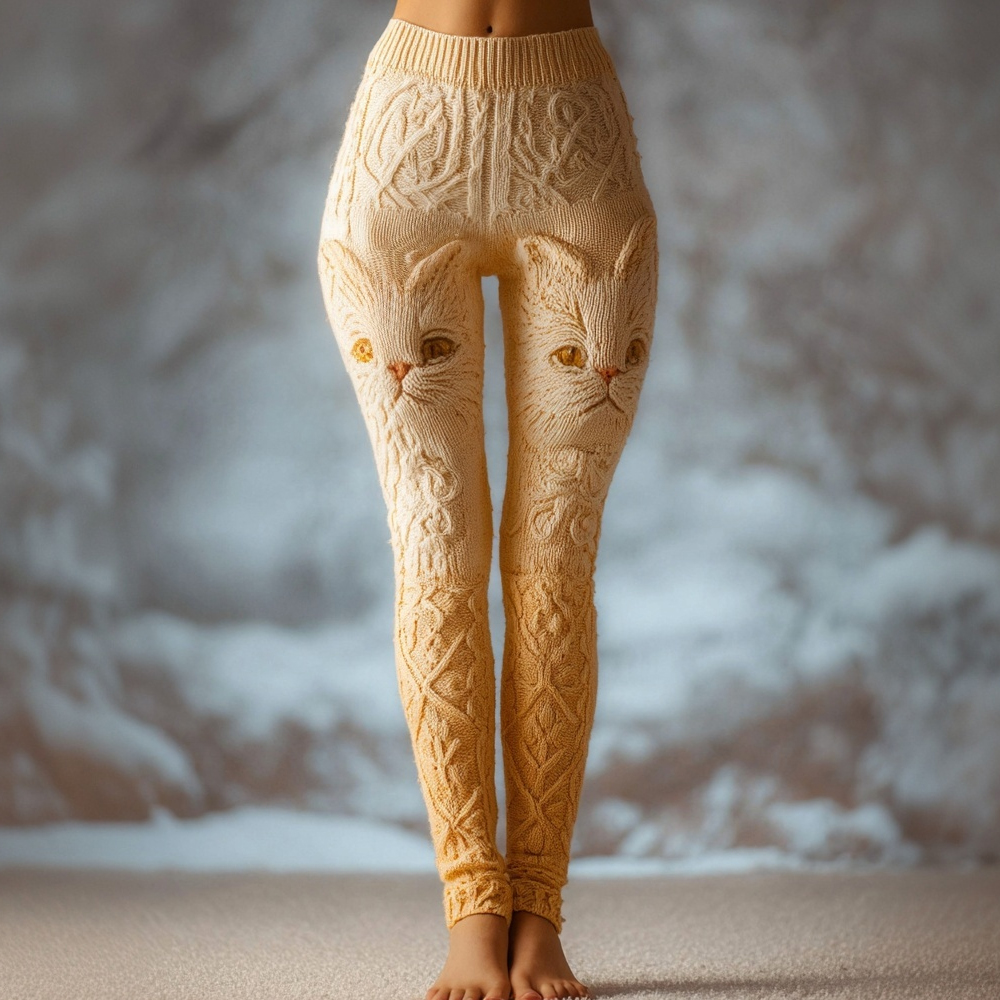 Cute Cat Face Jacquard Gradient Cozy Knit Leggings
