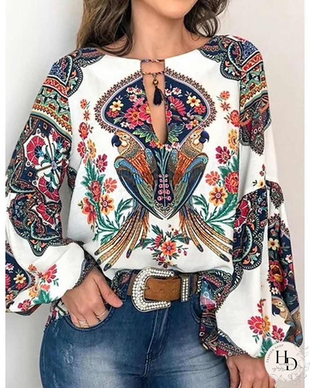 Women's Blouse Shirt Floral Flower Long Sleeve Lace up Print Round Neck Tops Basic Basic Top White Yellow Orange-0203813