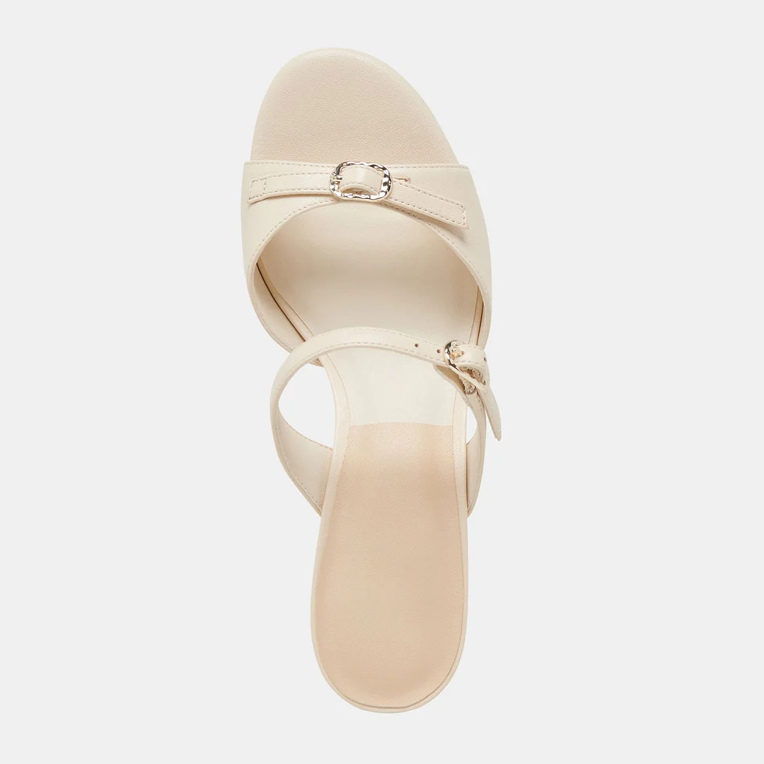 Ivory Vegan Leather Kitten Heel Open-Toe Buckle Mules Sandals