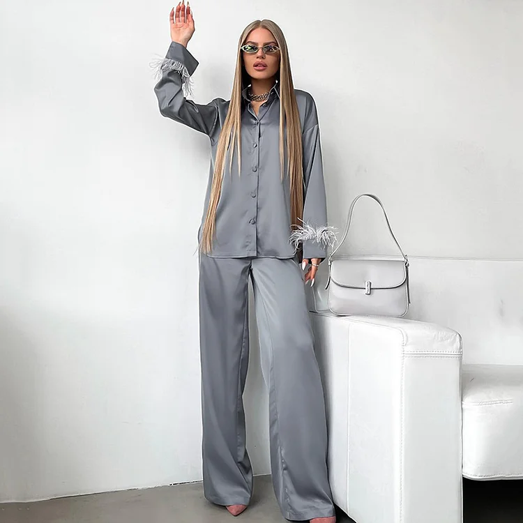 Fashion Stitched Feathers Gray Two Piece Set