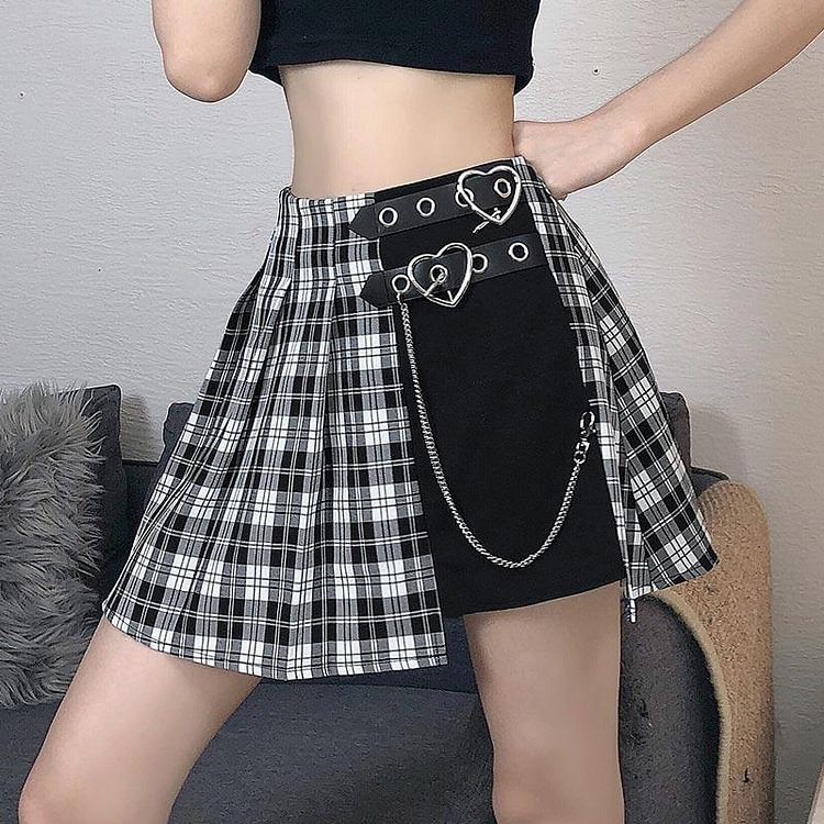 Plaid Stitching Chain High Waist Skirt - Modakawa Modakawa