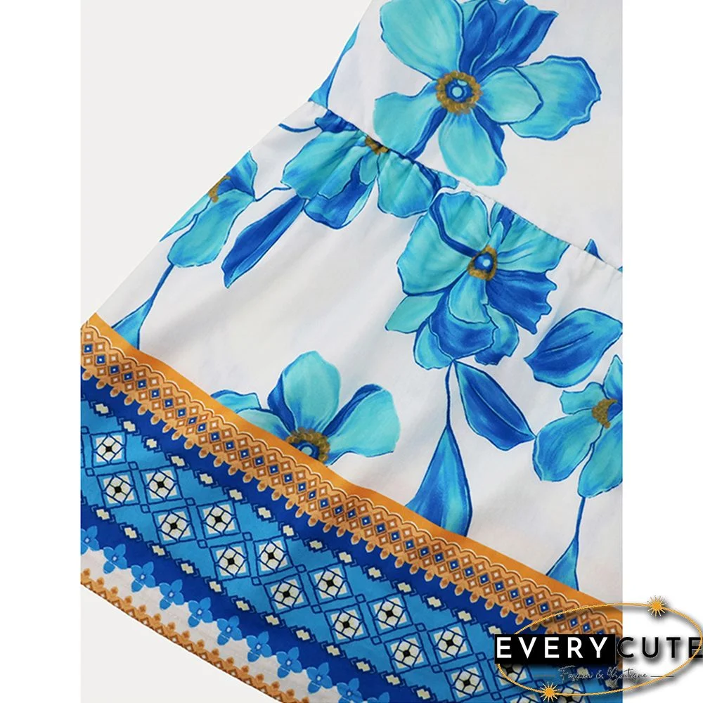 Light Blue Retro Bohemia Print V Neack Beach Dress