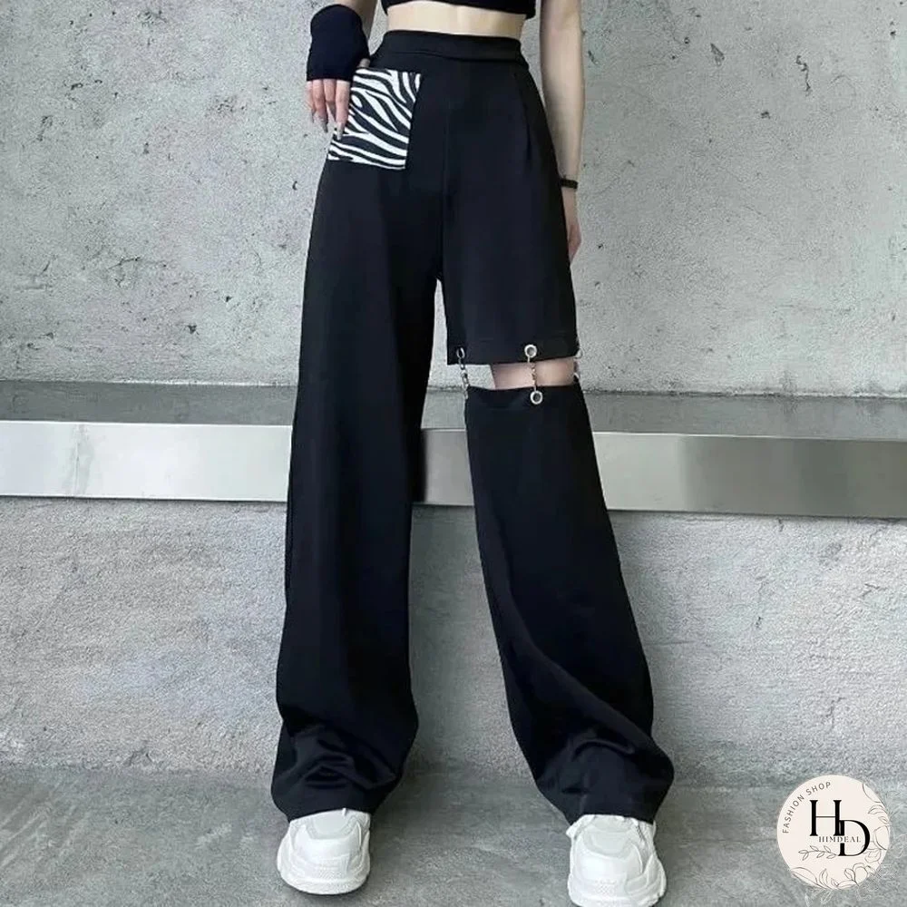 Fashion Harajuku Hollow Out Wide Leg Pants Women High Waist Elastic Streetwear Straight Trousers Summer Hip Hop BF Goth Pants