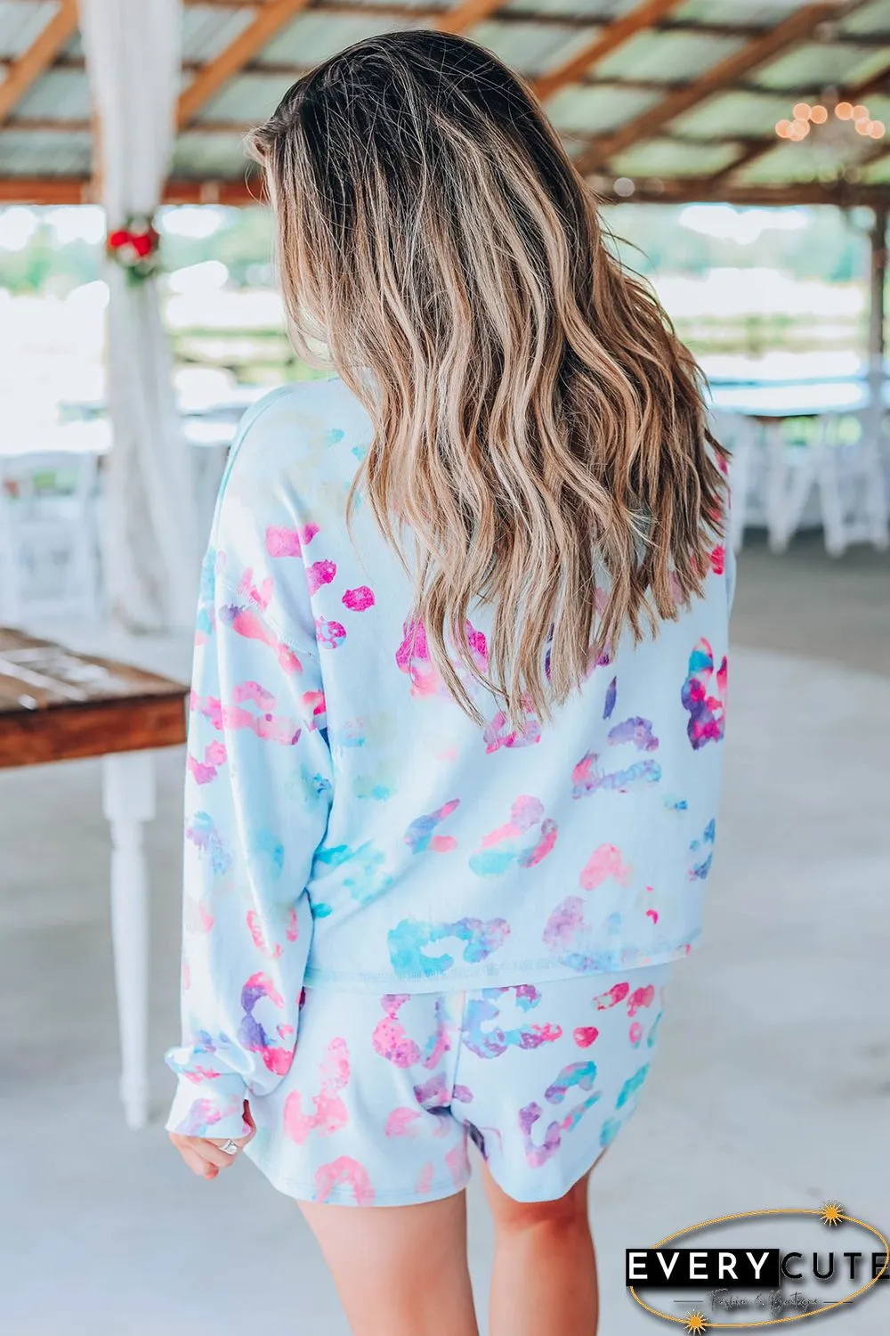 Sky Blue Leopard Print Hoodie and Shorts Set