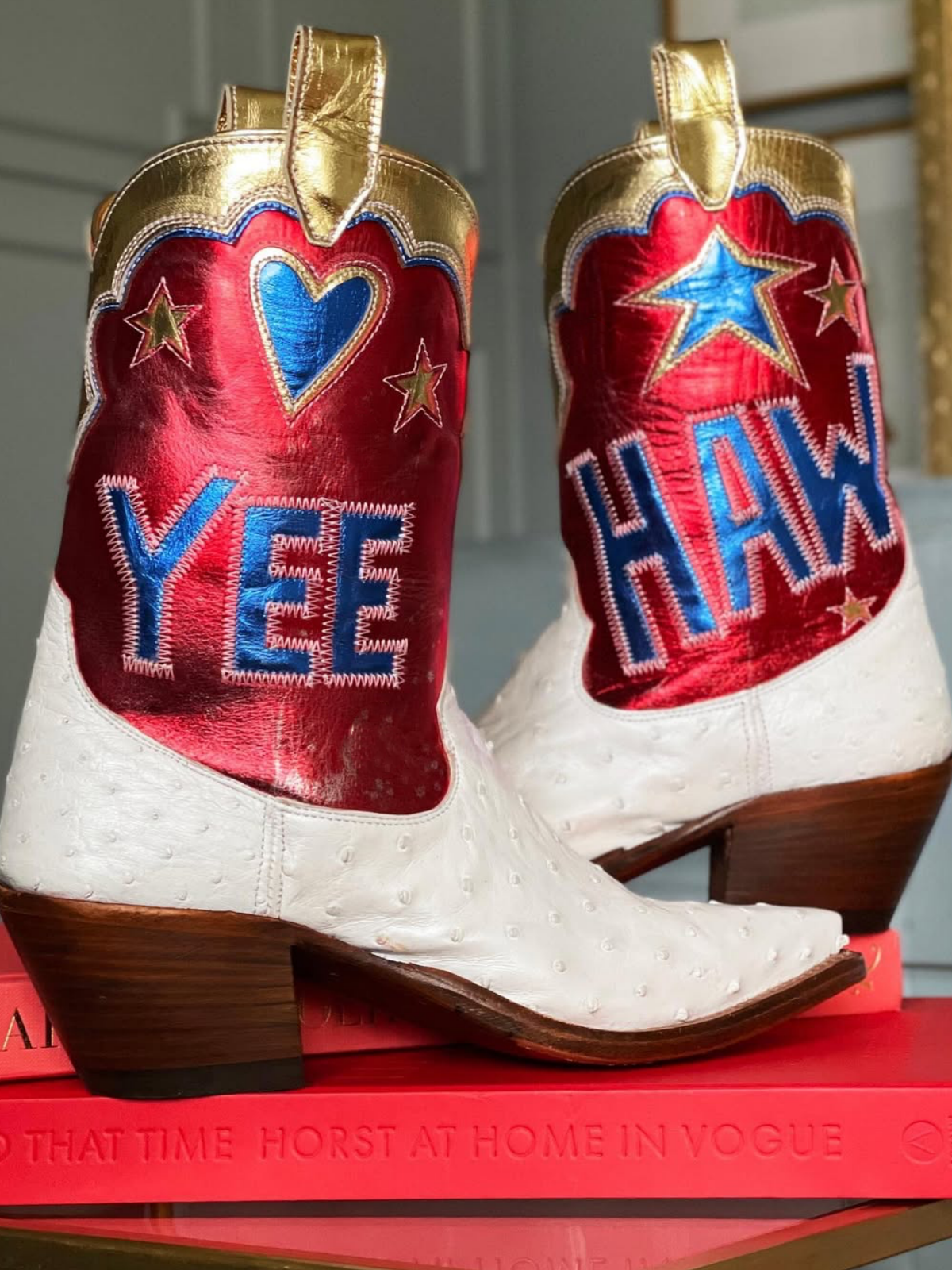 Taafo Contrast Tri-Color Ostrich-Textured And Metallic Vegan Leather Heart Star Letter Inlay Cowgirl Boots - Red