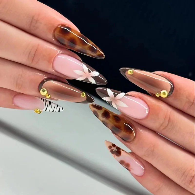 Lidudu French Press on Fake Nails with Flowers Designs Summer Blue Short Almond False Nails Wearable French Full Cover Press on Nails
