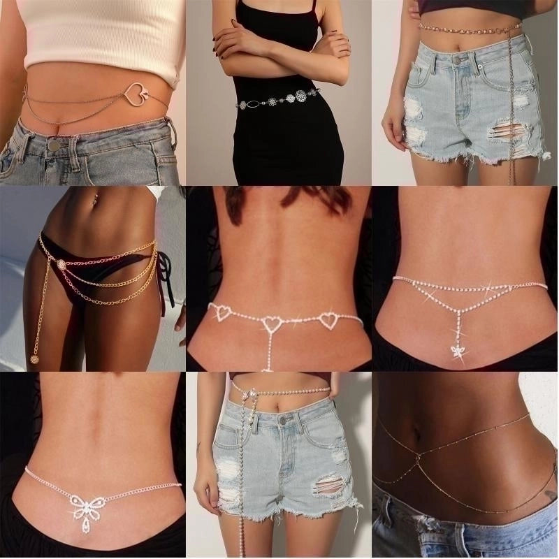 Hawaiian Lady Shiny Heart Shape Flower Stainless Steel Copper Metal Buckle Beaded Chain Zircon Women’S Chain Belts