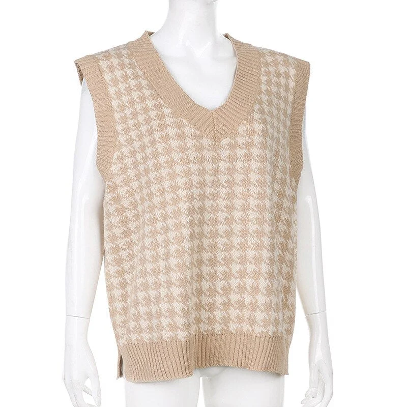 WannaThis V-neck Sweaters Women Sleeveless Print Casual Y2K Loose England Style Patchwork Knit Autumn Winter Tank Tops Fashion