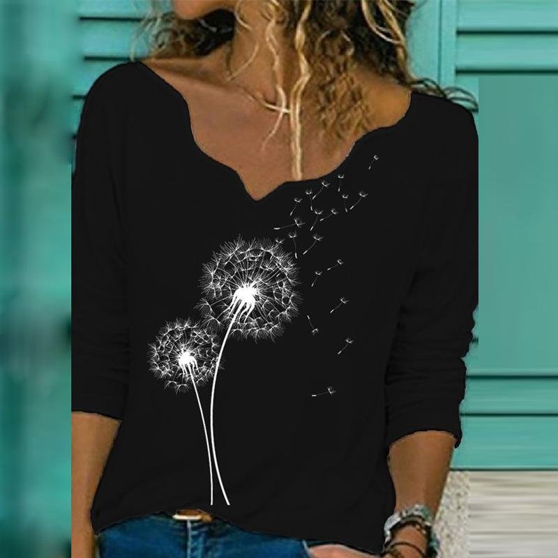 The New Elegant V-neck Long-sleeved Women's T-shirt Trend Casual Print Top | EGEMISS