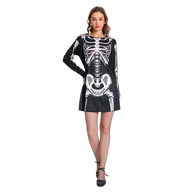 Skeleton Woman Black Dress Outfits Costume Halloween Carnival Stage Performance Suit
